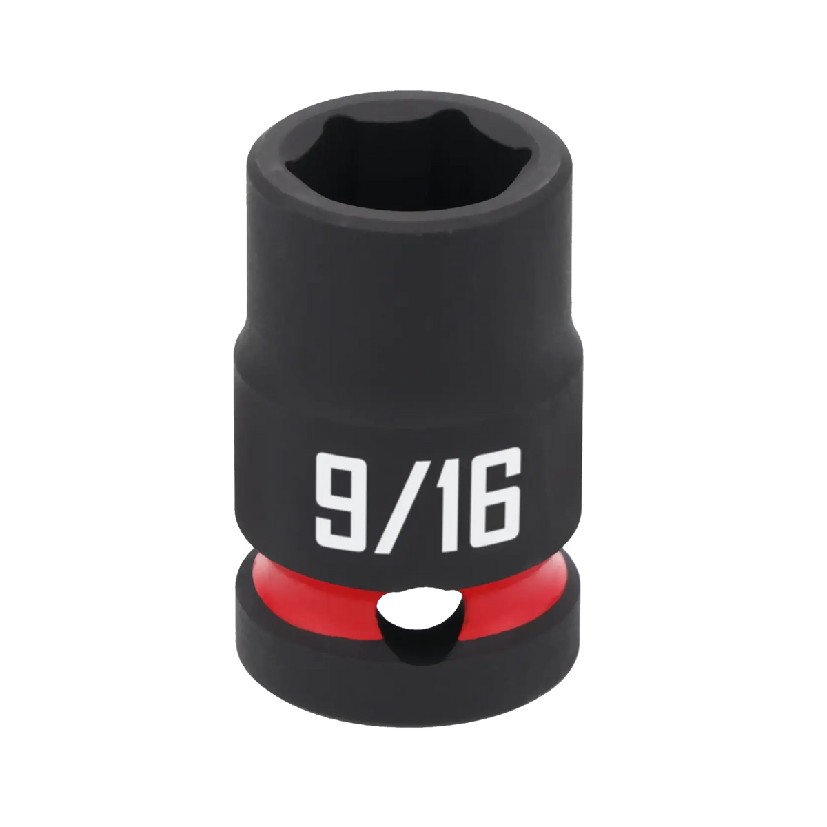 A close-up image of a black CRAFTSMAN 9/16 inch socket with a red ring near the base, used for tightening or loosening nuts and bolts.
