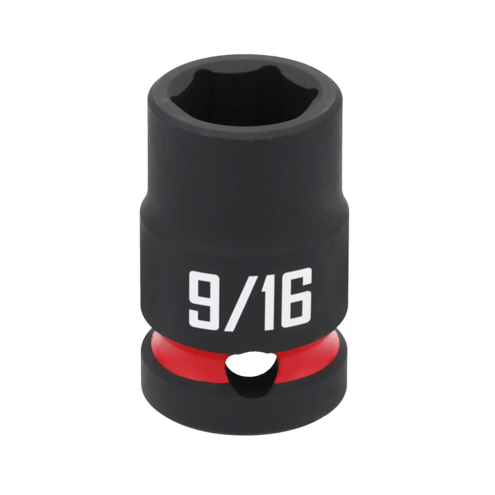 A close-up image of a black CRAFTSMAN 9/16 inch socket with a red ring near the base, used for tightening or loosening nuts and bolts.
