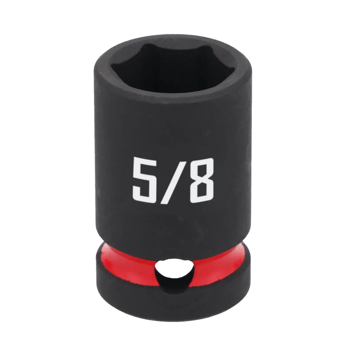 A black 5/8 inch socket with a red accent, used for tightening or loosening nuts and bolts.