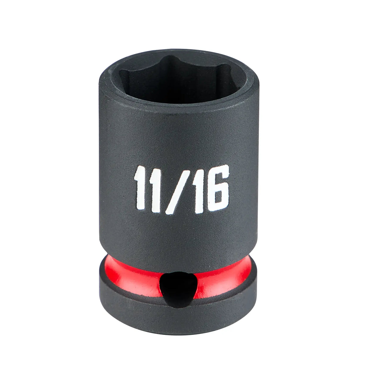 A close-up image of a black 11/16-inch socket tool with white numbering and a red ring near the base.