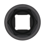 Close-up view of a black socket tool with a square drive opening, photographed from above.