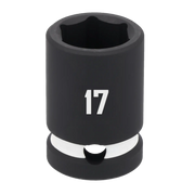 A close-up image of a black socket tool with the number 17 printed on it, used for tightening or loosening nuts and bolts.