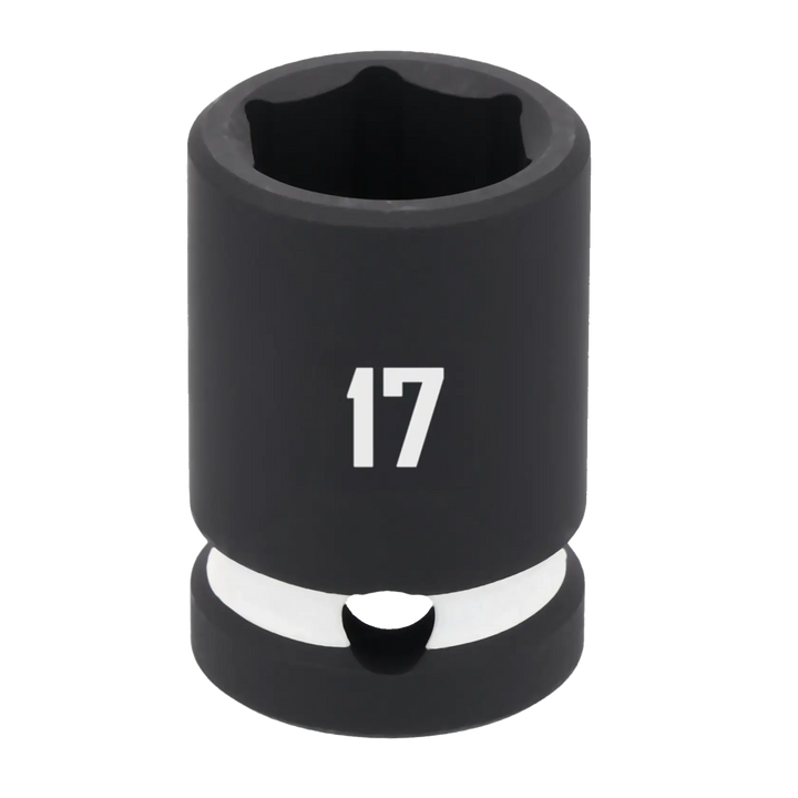 A close-up image of a black socket tool with the number 17 printed on it, used for tightening or loosening nuts and bolts.