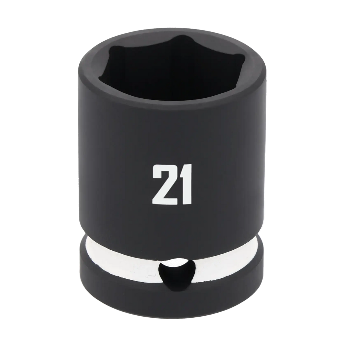 A close-up image of a black, six-point socket tool with the number 21 printed in white on its side, commonly used with socket wrenches for mechanical work.