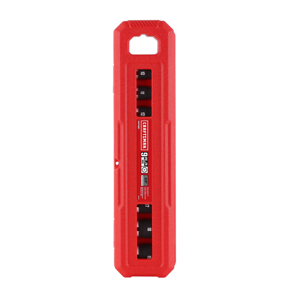 A red CRAFTSMAN branded hard plastic case containing a 9-piece socket set, visible through transparent sections, with labeling and sizes displayed on the sockets.