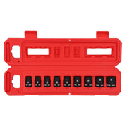 A red plastic case containing a set of black socket tools, each socket labeled with a size number ranging from 10 to 19. The case is open and designed to organize and store the sockets securely.