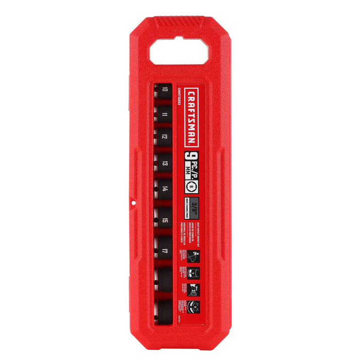 A red plastic case containing a CRAFTSMAN 9-piece metric socket set, with each socket labeled with its size. The case features branding, specifications, and pictograms about usage and safety.