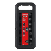 CRAFTSMAN 12-piece impact socket set in a black plastic carrying case. The sockets are labeled with sizes ranging from 3/8 to 3/4 inch and are organized vertically within the case. The red label in the center provides product information and features the CRAFTSMAN logo.
