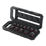A set of black socket wrenches with red marking bands arranged in a sturdy plastic carrying case. The sockets are organized by size and the case is open to display all the pieces.