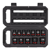 A CRAFTSMAN branded socket set displayed in an open black plastic case. The set includes twelve sockets of various sizes, each labeled clearly, and arranged in a single row with red markings near their base.