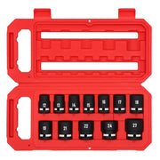 A red plastic case containing a set of twelve black metric impact sockets, labeled with sizes from 12 to 27, organized in two rows inside the case.