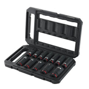 A set of black socket wrenches with red accents, organized in a black plastic carrying case. The case is open, displaying multiple socket sizes arranged neatly in individual slots.
