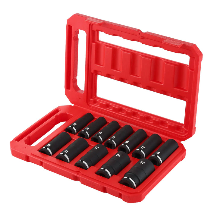 A red plastic carrying case containing a set of black socket wrenches with white size markings, arranged neatly inside. The case is open and displays several different socket sizes.