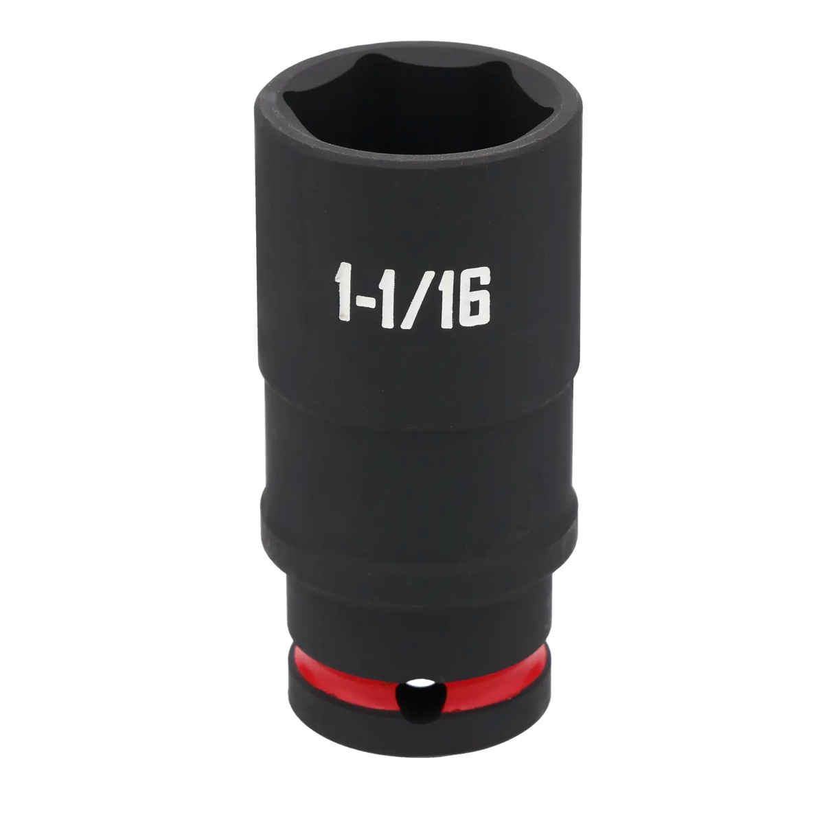 A close-up image of a black CRAFTSMAN deep socket with the size marking '1-1/16' in white text. The socket features a red ring near the bottom and is designed for use with a ratchet or other driving tool.