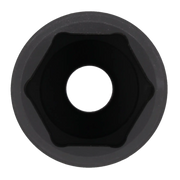 View of a black socket wrench attachment seen from the front, showing its hexagonal interior structure.