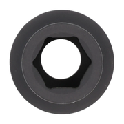 Close-up front view of a black hex socket tool component with a circular outer shape and hexagonal inner opening.