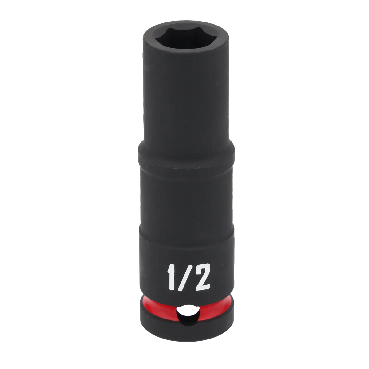 A black Craftsman deep socket tool with a 1/2-inch size marking in white lettering and a red ring near the base.