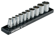 Photo of Craftsman socket set CMMT17300V, nine chrome sockets on a black holder, angled on white background.