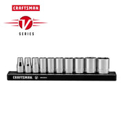 Photo of Craftsman socket set on black rail, silver finish, V Series branding, CMMT17300V, front angle.
