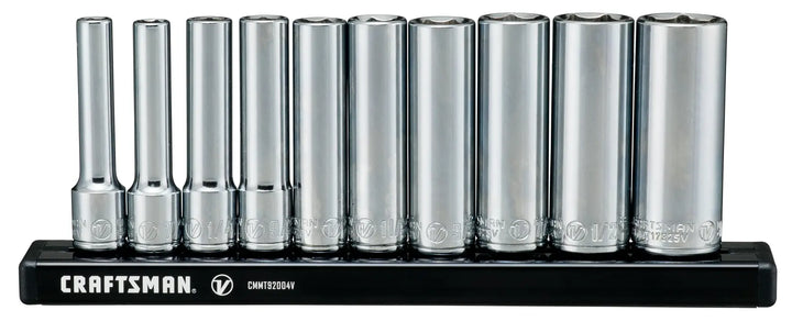 Photo of Craftsman chrome socket set, CMMT17315V, front angle on black rail holder.