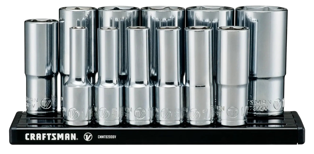 Front view photo of Craftsman chrome socket set on black tray, SKU CMMT17360V.