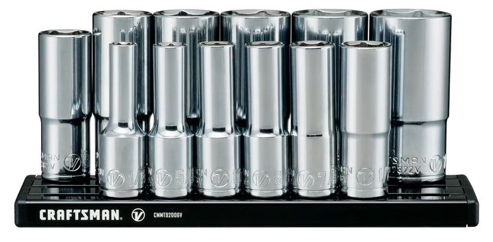 Front view photo of Craftsman chrome socket set on black tray, SKU CMMT17360V.