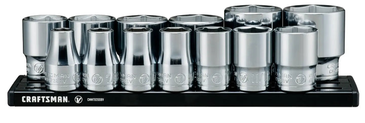 Photo of Craftsman socket set on black tray, chrome finish, front angle, SKU CMMT17380V.