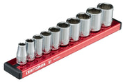 Photo of CRAFTSMAN socket set with ten chrome sockets on red rail, SKU CMMT17500V, angled view on white background.