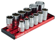 Photo of CRAFTSMAN socket set on red and black tray, model CMMT17530V, with 10 chrome sockets, angled view.
