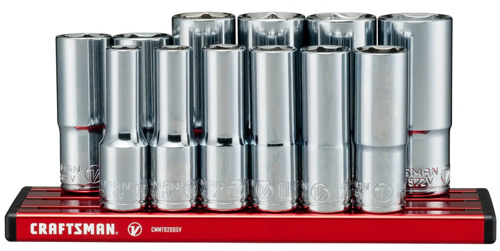 Front angle photo of Craftsman socket set CMMT17560V with chrome sockets on red holder.