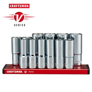 Craftsman V-Series chrome socket set on red rail, front angle, SKU CMMT17560V, tool graphics.