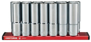 Front view photo of Craftsman socket set on red tray, model CMMT17595V, with ten chrome deep sockets organized upright.