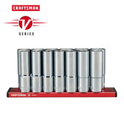 Photo of Craftsman V Series chrome socket set on red tray, front angle, SKU CMMT17595V, graphics category.