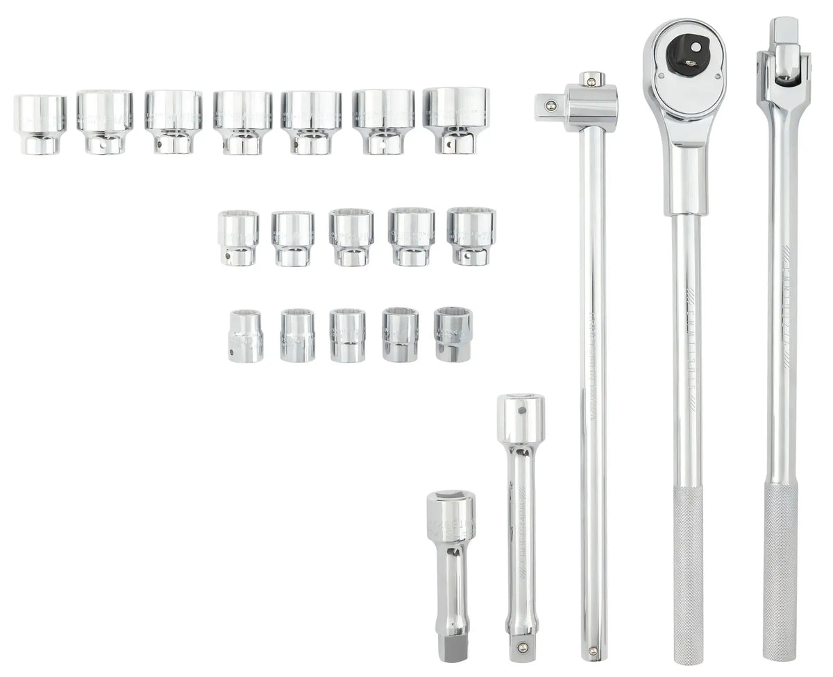 Craftsman CMMT17904 chrome socket and ratchet set, photo of tools laid out on white background.