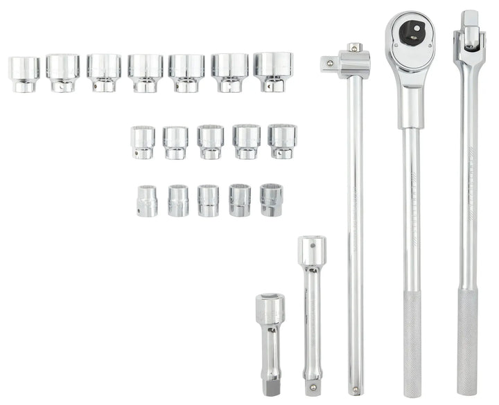 Craftsman CMMT17904 chrome socket and ratchet set, photo of tools laid out on white background.