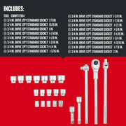Photo of CRAFTSMAN socket wrench set CMMT17904, including various 3/4 in. drive 12-point standard sockets and accessories, front angle.