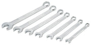 Craftsman CMMT21085 combination wrench set with seven silver wrenches, arranged side by side, angled on white background.