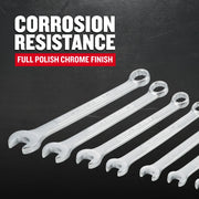 Photo of Craftsman wrenches set CMMT21085 with full polish chrome finish, text highlights corrosion resistance.