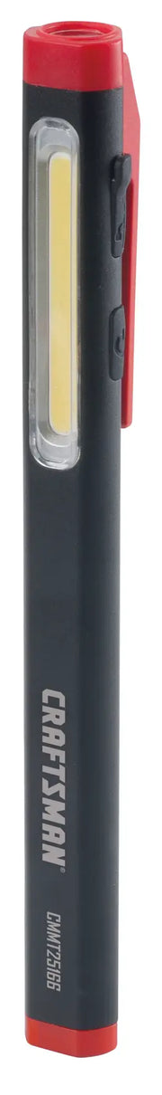 Photo of Craftsman CMMT25166 slim black and red LED pen light with clip, shown upright on white background.