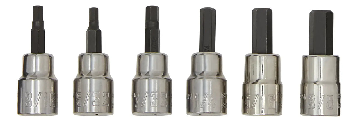 Photo of six CRAFTSMAN hex bit sockets, chrome finish, assorted sizes, SKU CMMT34447, straight-on white background.