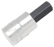 Photo of CRAFTSMAN hex bit socket, SKU CMMT34447, with chrome finish and engraved size, angled on white background.