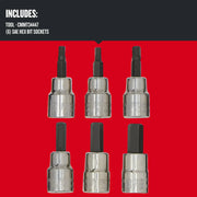 Craftsman CMMT34447 set of six SAE hex bit sockets, chrome finish, front angle, graphics category.