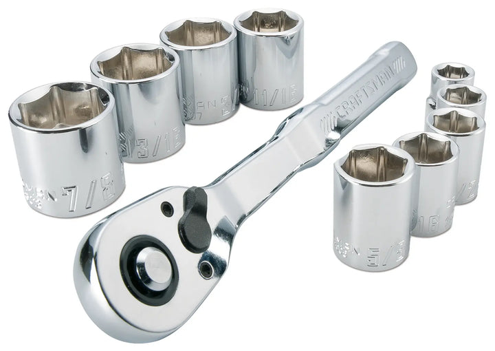 Craftsman chrome socket wrench set with ratchet handle, CMMT34563, shown from angled view on white background.