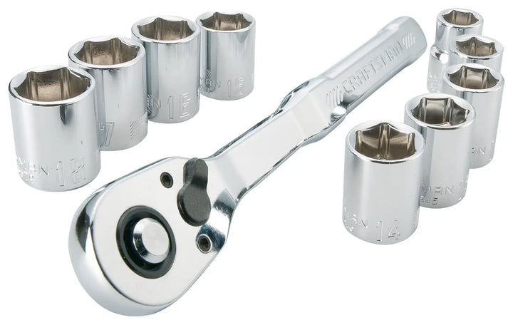 Photo of Craftsman CMMT34564 ratchet and socket set, chrome finish, tool category, front angle on white.