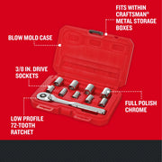Craftsman CMMT34564 socket and ratchet set in red blow mold case, showing chrome 3/8 in. drive sockets.