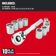 Photo of Craftsman ratchet and nine chrome sockets, metric set, SKU CMMT34564, on white background.