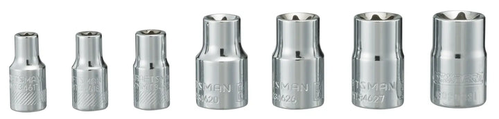 Photo of Craftsman socket set CMMT34570, seven silver sockets lined up, front angle, on white background.