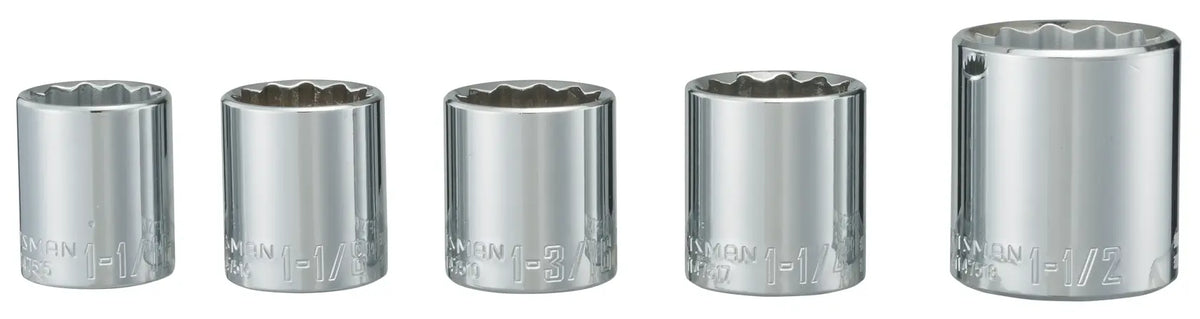Photo of CRAFTSMAN CMMT34572 chrome socket set, five pieces, front angle on white background.