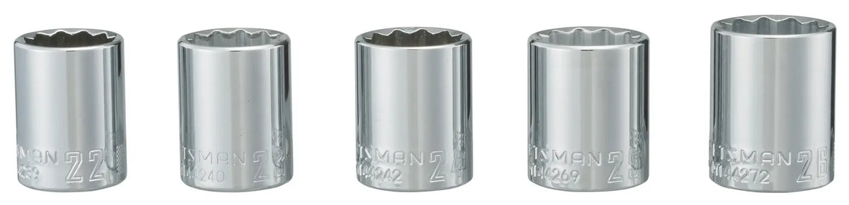 Photo of five CRAFTSMAN chrome socket wrenches in a row, SKU CMMT34574, product on white background.
