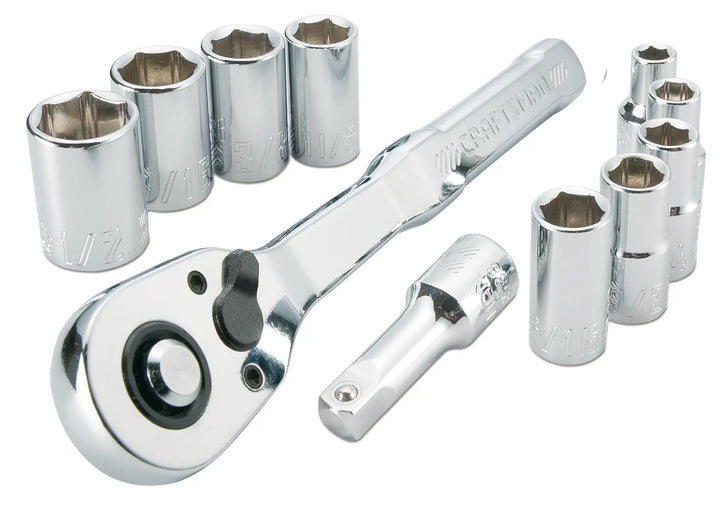 CRAFTSMAN CMMT34870 socket wrench set with chrome sockets, ratchet and extension, top angle on white background.